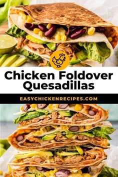 chicken quesadillas stacked on top of each other with lettuce and beans