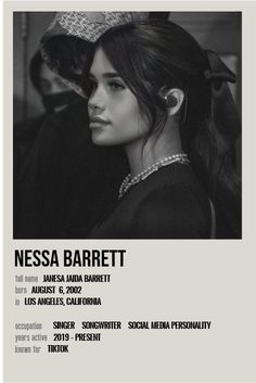 a black and white photo of a woman wearing a tiara with the words nessa barrelt on it