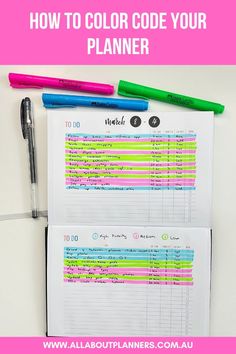 a planner with markers and pens on it next to the title how to color code your planner