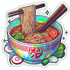 a bowl of ramen with chopsticks and vegetables in it, on a white background