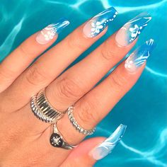 Hibiscus Flower Press on Nails Etsy Blue Hibiscus Flower Nails, Blue French Tip Hibiscus Nails, Summer Nails Blue Hibiscus, Blue French Tip With Hibiscus Flower, Blue Hawaiian Nails, Y2k Hibiscus Nails, Light Blue Nail Designs, Sky Blue Nails, Blue And White Nails