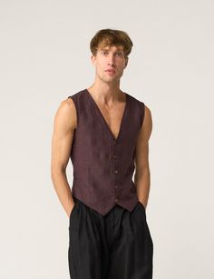 "All-year-round statement hit - our classic linen vest. This is a slightly altered version of our beloved vest BLAKE - this one has a deeper v-neck and a slightly shorter back. Offered in medium-weight and exclusive linen. STYLE DETAILS * Regular fit * V-collar * Button front * Ties on the back * French seams inside * Made from medium-weight and exclusive linen   SIZES & COLORS IN THE PICTURES * Model is wearing size M in Brown (medium) linen. Model's height is 188 cm (6'2\"), chest - 97 cm (38\ Men's Waistcoat Style, Classic Summer Vest With Buttons, Classic Linen Vest With Buttons, Vest No Shirt, Linen Waistcoat, Linen Vest, Vest For Women, Striped Vests, Professional Wardrobe