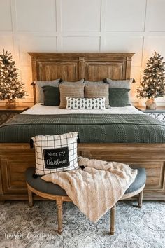 (20+) Facebook Black And White Plaid Comforter Bedroom Ideas, Bedroom At Christmas, Christmas Bedroom Aesthetic Modern, Bedroom Decor Christmas Ideas, Primary Bedroom Christmas Decor, Green Bedroom Christmas, Christmas Farmhouse Bedroom, Christmas Bedroom Decor Green, Home Decor With Green Accents