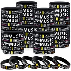 six wristbands with words on them and the word music written in different languages