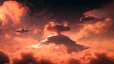 a group of ships floating in the sky surrounded by clouds