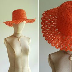 Absolutely darling vintage hat in crushproof woven plastic features a lacy weave and bright pop of bright orange -- and is so detailed it looks just like raffia! Excellent condition. Perfect with everything from swimwear to dresses. Era: 1960s/1970s Head circumference of mannequin: about 21 inches Lightweight Straw Hat For Spring Beachwear, Adjustable Summer Sun Hat In Orange, Adjustable Orange Sun Hat For Summer, Adjustable Retro Straw Hat For Vacation, Retro Adjustable Straw Hat For Vacation, Adjustable Orange Summer Sun Hat, Summer Orange Adjustable Sun Hat, Red Straw Hat For Spring, Lined Beach Hat For Summer