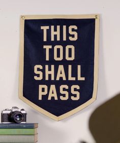 this too shall pass banner hangs on the wall above a bookshelf with a camera