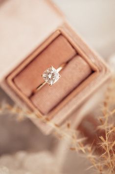 an engagement ring sitting in a box on top of a table next to some dried plants