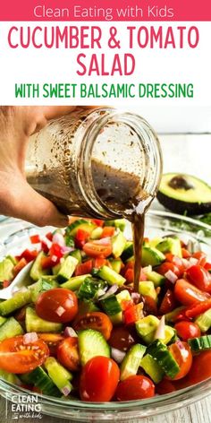 a bowl filled with cucumber and tomato salad next to an avocado