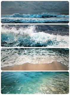 four different images of the ocean with waves