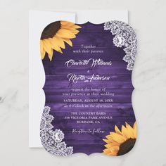 a purple and yellow sunflower wedding card