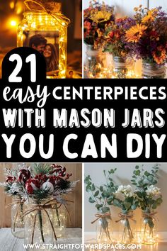 Simple and easy-to-make mason jar centerpieces perfect for DIY wedding decor. Blue Ball Jar Centerpieces, Canning Jar Flower Arrangements, Rice Centerpieces, Fall Bridal Shower Centerpieces Simple, Mason Jar Centerpiece Ideas, Decorating Mason Jars Ideas, Mason Jar Wedding Ideas, Mason Jar Centerpieces Table Decorations, Mason Jar Fairy Lights Centerpiece