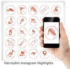 a hand holding a smart phone with icons on it and the text hairstylist instagram highlights