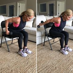 a woman doing squats on a chair in front of a couch