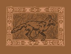 a drawing of a wolf running through the woods in brown and tan colors, with an ornamental border around it