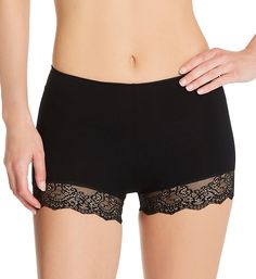 High rise boyshort panties feature lace trim around leg openings for an elegant touch. Made in a jersey knit of rayon with Lycra spandex for stretch comfort. Covered elastic waistband provides a secure fit. Solid knit front and back have center seams. 4-way stretch knit provides a flexible fit. Stretch lace trim along leg openings is invisible under clothing. Lace trim has scalloped edges. High rise styling. Full rear coverage. Sewn-in fabric care tag. Cotton crotch liner. Made in the USA. Only Black Stretch Bottoms With Contrast Lace, Elegant Stretch Shorts, Stretch Lace Trim Shorts, Stretch Shorts With Lace Trim, Black Lace Trim Short Bottoms, Black Short Bottoms With Lace Trim, Black Stretch Shorts With Lace Trim, Black Bottoms With Lace Trim, Stretch Lace Trim Mid-thigh Bottoms