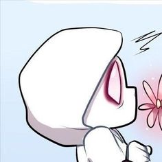 a cartoon character holding a pink flower in his right hand and looking at the butterfly