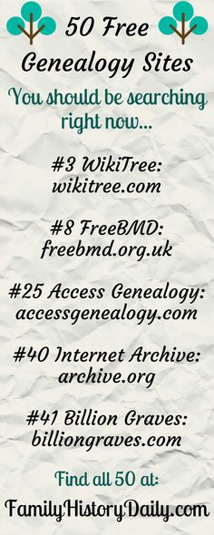 a poster with the words 50 free genealogy sites you should be searching for right now