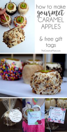 an assortment of homemade caramel apples and free gift tags