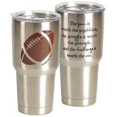 two stainless steel tumblers with footballs on the side and words written in white