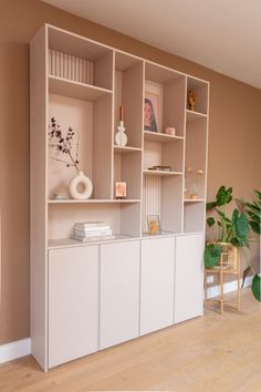 a living room filled with furniture next to a plant and bookshelf on top of a hard wood floor