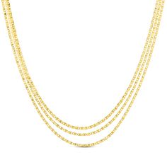 Dress to impress with this three-strand solid Valentino chain necklace. Crafted in 14K yellow gold Three lengths of Valentino chain create a layered look Chain width is 1.25mm With 18-inch, 18.5-inch and 19-inch lengths, the adjustable necklace secures with a lobster clasp Yellow Gold Multi-strand Figaro Chain Jewelry, Multi-strand Figaro Chain Necklace, Yellow Gold Multi-strand Delicate Chain Necklace, Accessories Jewelry Necklace, Adjustable Necklace, Layered Look, Lobster Clasp, Dress To Impress, Apparel Accessories