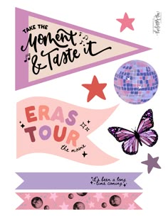 an image of a poster with butterflies and stars on it's back side, including the words eras tour