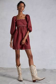 Premium Quality Anthropologie forever that girl Scalloped Mini Dress M new nwt, Womens Dresses Rust Color Dress, Scalloped Dress, Rust Dress, Scalloped Trim, Long Puff Sleeves, Puffed Sleeves, Dress Cuts, Anthropologie Dress, 50's Dress