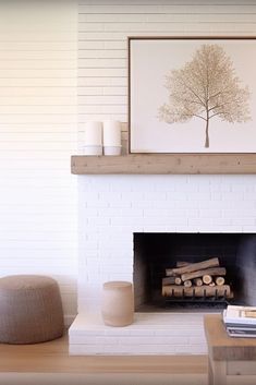 a living room with a fire place and art on the wall