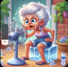 an old woman sitting on top of a table next to a fan and bottle of water