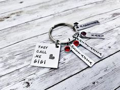 They Call Me Gigi, Grandma Keychains, Grandmother Gift, Gift from the kids, Mothers day, Mothers Gift, Grandma Gift, Granny Gift, Grandchildren names, Gigi giftEvery Grandma deserves a beautiful way to show off her grandbabies! The square blank can be stamped with which ever name they were blessed with: Grandma, Granny, Nana, Maeme, Glam-ma, etc. If you would like another phrase stamped, please message me to ensure it will fit perfectly!The names are stamped on 1 and 1/4 inch aluminum rectangle Mother Gif, Gigi Grandma, Grandma Keychain, Granny Gifts, Gigi Gift, Stamped Rings, Grandmother Gifts, Grandma Gift, Bff Gifts