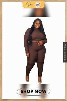 Plus Size Solid Basic Long Sleeve T Shirt Pants Set Solid Color Pant Set For Fall Loungewear, Two-piece Long Sleeve Tops For Fall, Fitted Matching Pant Set For Fall, Casual Brown Stretch Sets, Brown Stretch Loungewear Sets, Brown Stretch Casual Sets, Stretch Two-piece Set Top For Fall, Brown Stretch Sets For Loungewear, Stretch Two-piece Bottoms Set For Fall