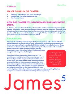 A short Bible study of James 5. These outlines are intended to summarize the key information from each chapter in just 5 minutes. The outlines are available for download for FREE on our website. The Book Of James Bible Study, Girl Bible Study, Reading Bible, Bible Studying