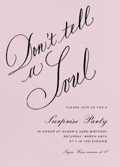 a pink and black wedding card with the words don't tell a soul on it