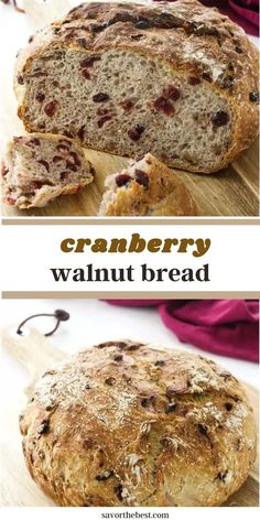 cranberry walnut bread on a cutting board with text overlay that says, cranberry walnut bread