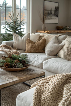 a living room filled with lots of furniture and pillows on top of a wooden table