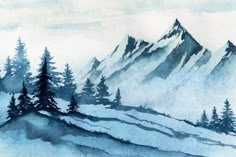 watercolor painting of snow covered mountains and trees