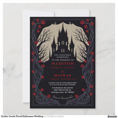 a wedding card with an image of a castle in the background and roses on it