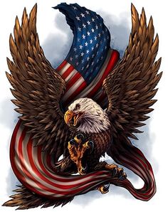 an eagle with the american flag on it's back