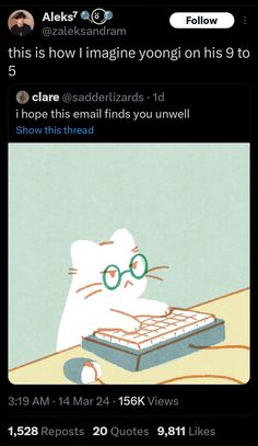 an image of a cat with glasses on using a keyboard and text that reads, this is how i imagine yong on his 9 to share