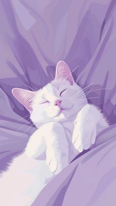 a white cat sleeping on top of a purple blanket