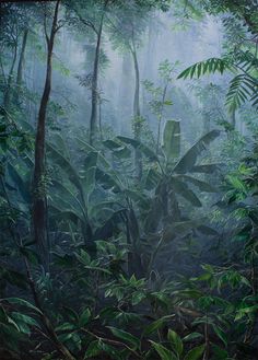 an oil painting of tropical plants and trees in the forest with foggy skies above