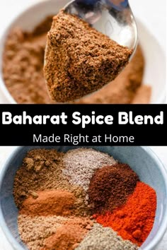 a spoon full of spices with the words, bakrat spice blend made right at home