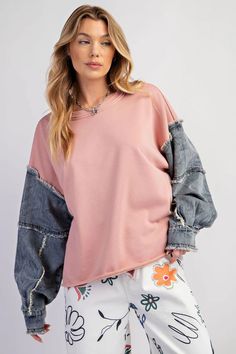 Easel Denim Sleeve Terry Knit Washed Pullover – jfybrand Kaftan Designs, Custom Dress, Light Denim, Straight Jeans