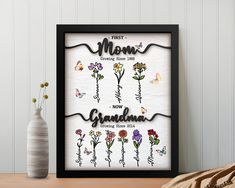 the first mom is now grandma's flowers cross stitch pattern in black and white