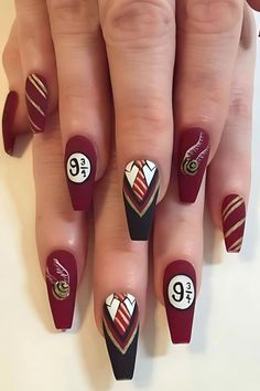 Potterheads, get your wands ready! 🧙‍♂️✨ Discover the magic at your fingertips with these stunning nails inspired by the Harry Potter Saga. Perfect for casting a stylish spell on any occasion! No time to create that masterpiece? Don't worry, we have the magic solution for you. Click on the link below and turn your nails into a little piece of Hogwarts. Accio, amazing nails! 💅🏼⚡ #HarryPotterNails #MagicNails #harrypotternails #fallnails #beautifulnails #fashion  #nailart #halloweenmakeup #halloweenparty #rednails Harry Potter House Nails, Harry Potter Nails Designs Gryffindor, Harry Potter Gryffindor Nails, Griffindor Nails Designs, Nail Designs Harry Potter, Harry Potter Nails Acrylic, Harry Potter Christmas Nails, Harry Potter Acrylic Nails, Harry Potter Nails Gryffindor