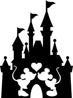 the silhouette of mickey and minnie mouse in front of a castle with hearts on it