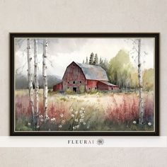 a painting of a red barn in the woods