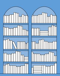 an image of a book shelf with books on it and two arched windows in the middle