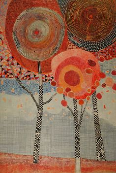 an abstract painting with trees and circles